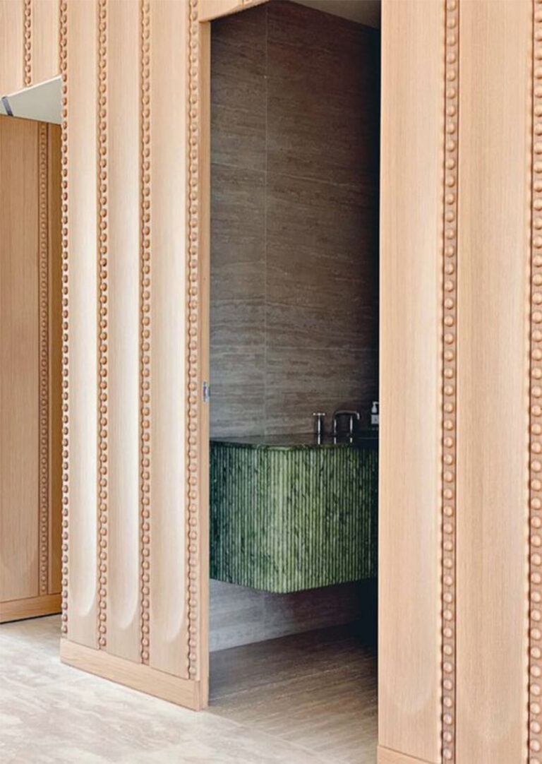 Nature Inspired Bespoke Wall Cladding And Wall Hung Green Bathroom Vanity