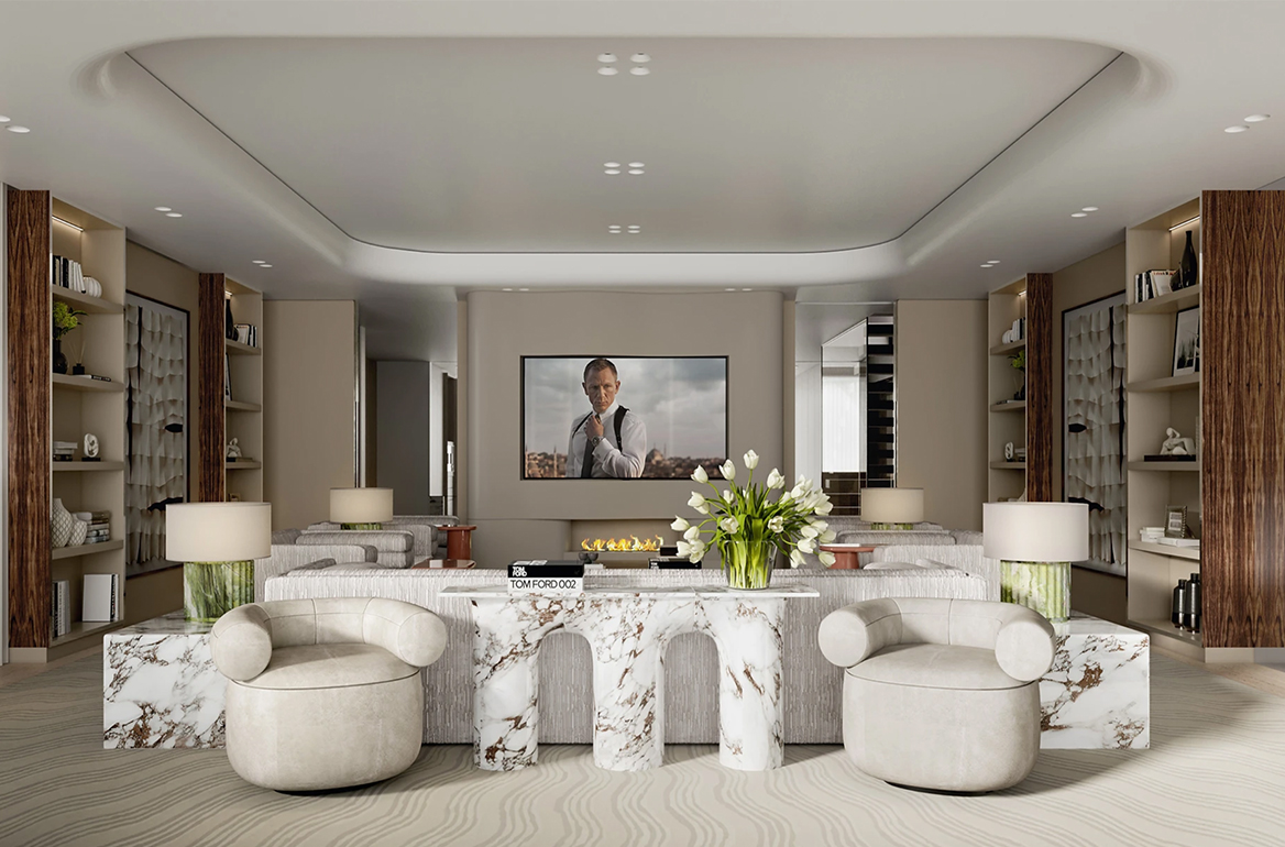 Luxury Bespoke Designed Reception Room With Luxury Bespoke Collectable Furniture Pieces And Feature Ceiling Detail